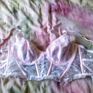 NWT For Love and Lemons Blue Coquette Pink dot floral lace bustier medium